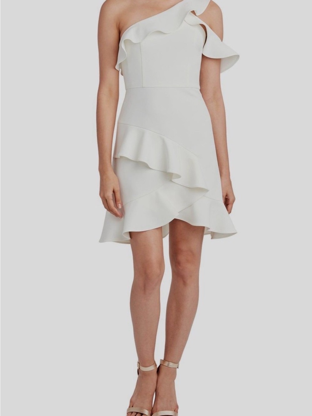 BCBGMaxAzria White One-Shoulder Ruffle Mini Dress